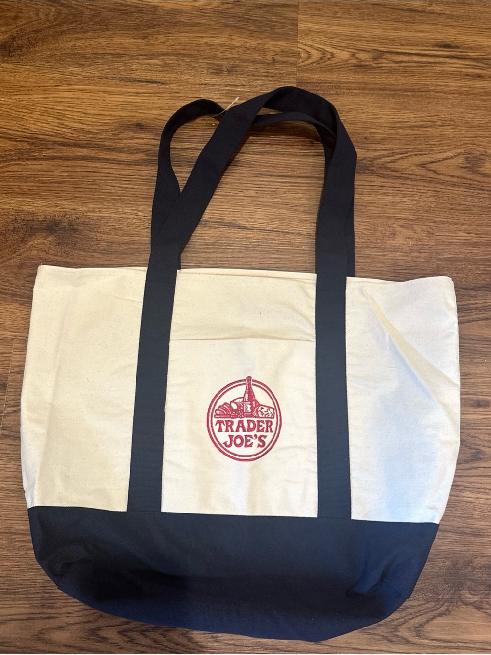 NEW • Trader Joe's LARGE, NAVY blue handles reusable canvas tote bag, Red Logo
